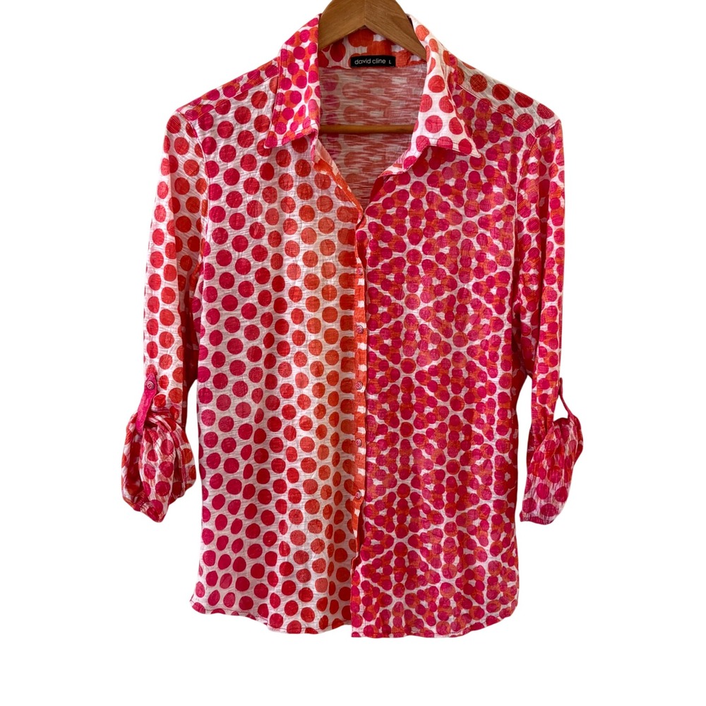 David Cline Crushed Snap Front Top L Orange Red Polka Dot Art to Wear Crinkle
